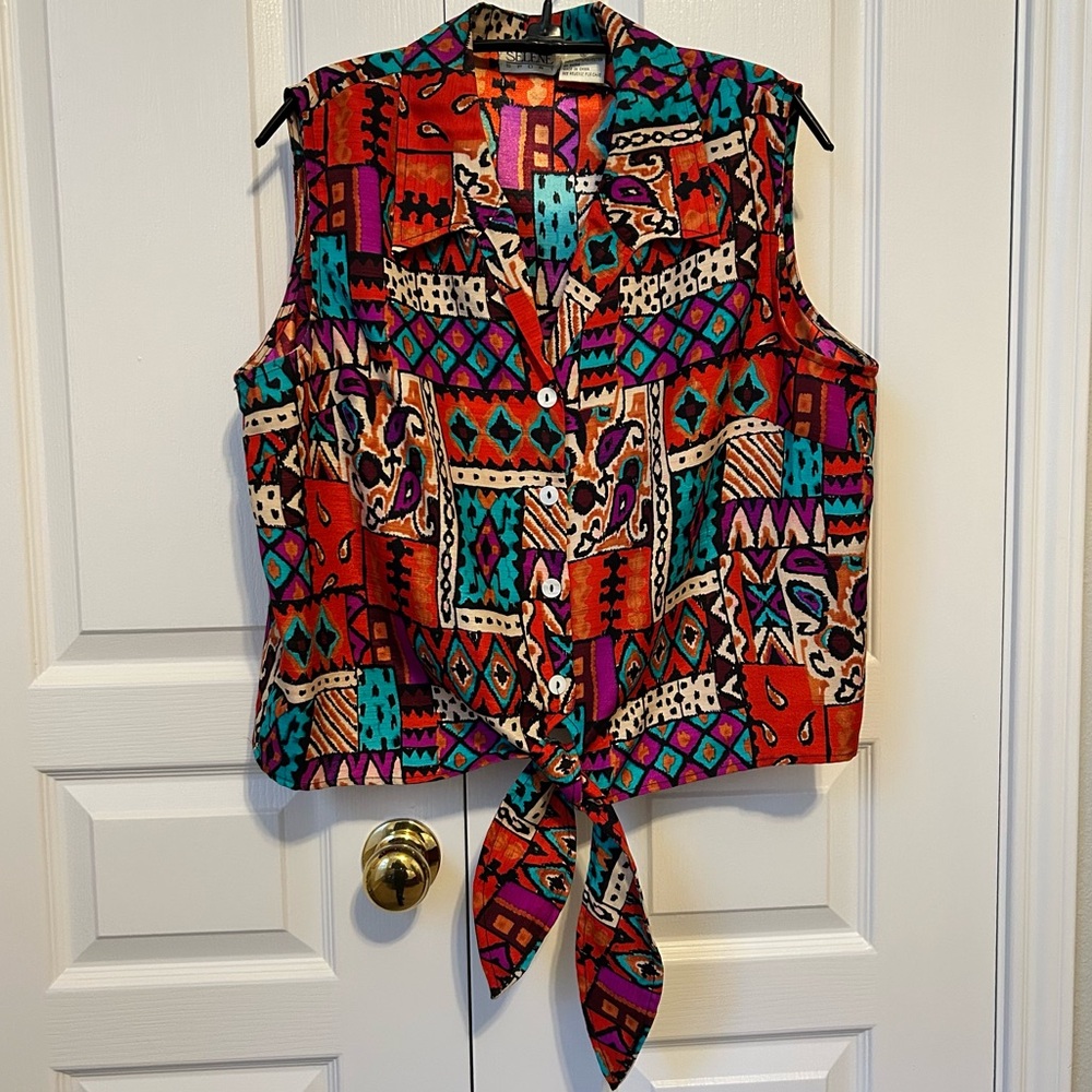 Vintage Selene Sport Patchwork Tie-front Sleeveless Vest Size XL